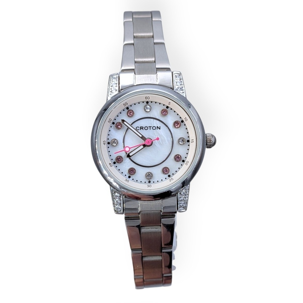 Croton Stainless Steel Watch Silver Women's Pink Crystal Hours Markers RT-170LY